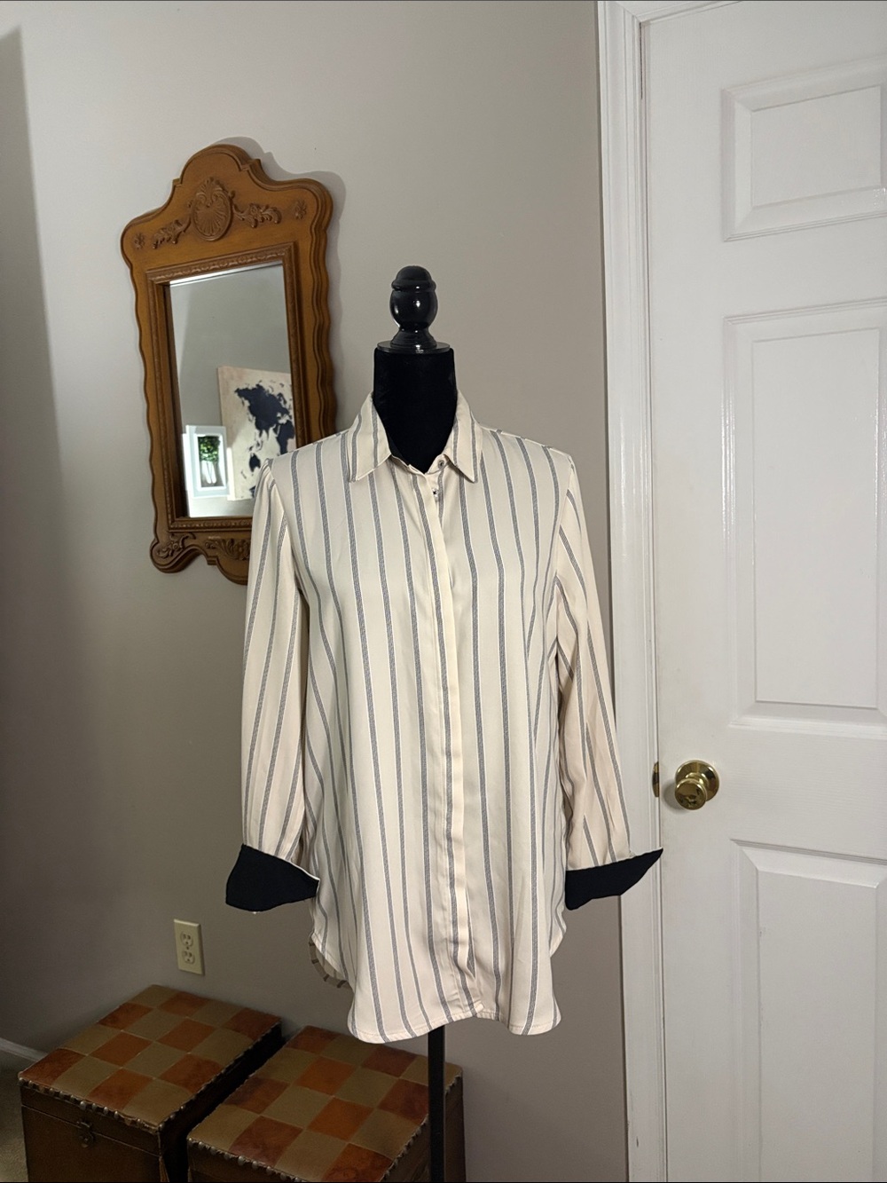 Rachel Zoe Cream Stripe Button-Up Shirt with Navy Cuff